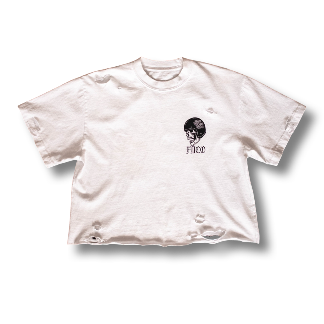 Freedom Machine Women's white crop top with small skull and helmet on front and large skull and helmet on back hand distressed and cropped available in sizes small through two extra large