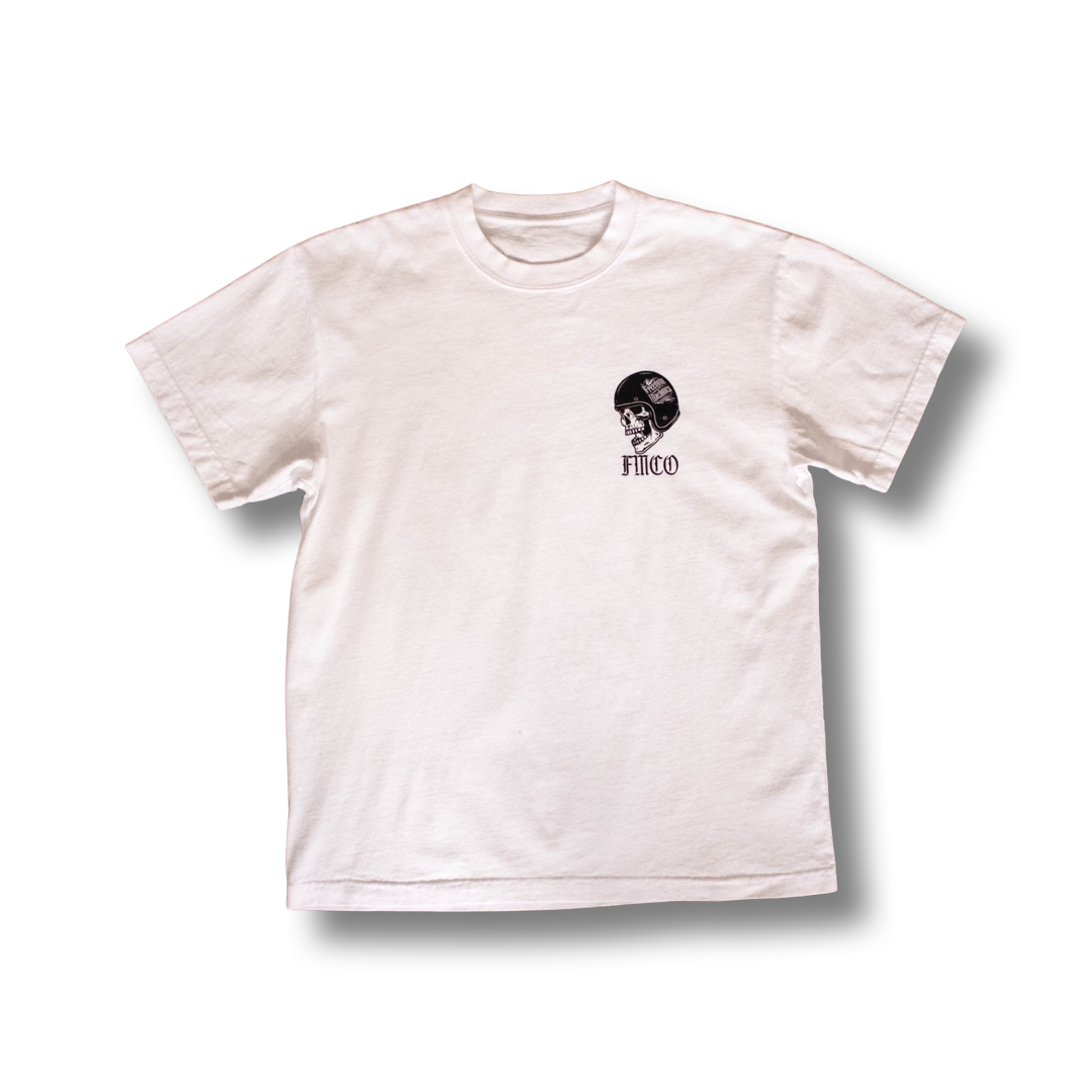 white t shirt with black script and design print a skull wearing a 3/4 helmet that says freedom machines heavy weight made in the usa