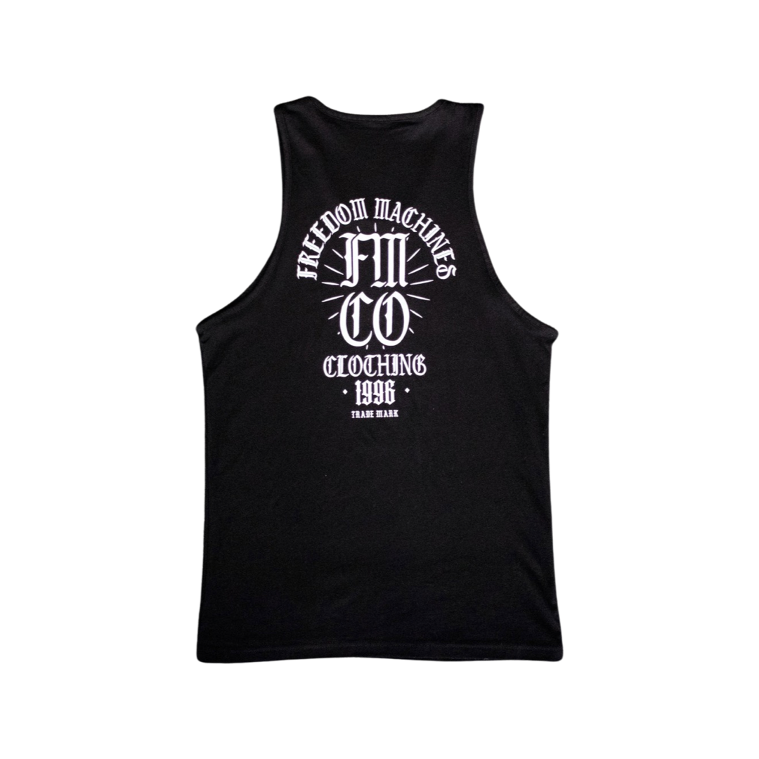 Men's lightweight black tank top with white script in font fmco clothing 1996 small logo on front left