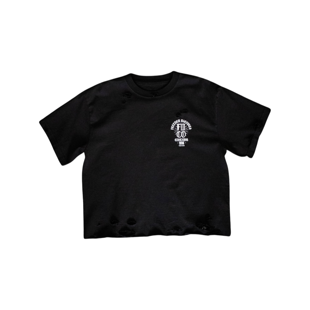 Freedom Machine Women's Black Shirt with white text, small logo on front right, large FMCO on back distressed crop top in sizes small through two extra large