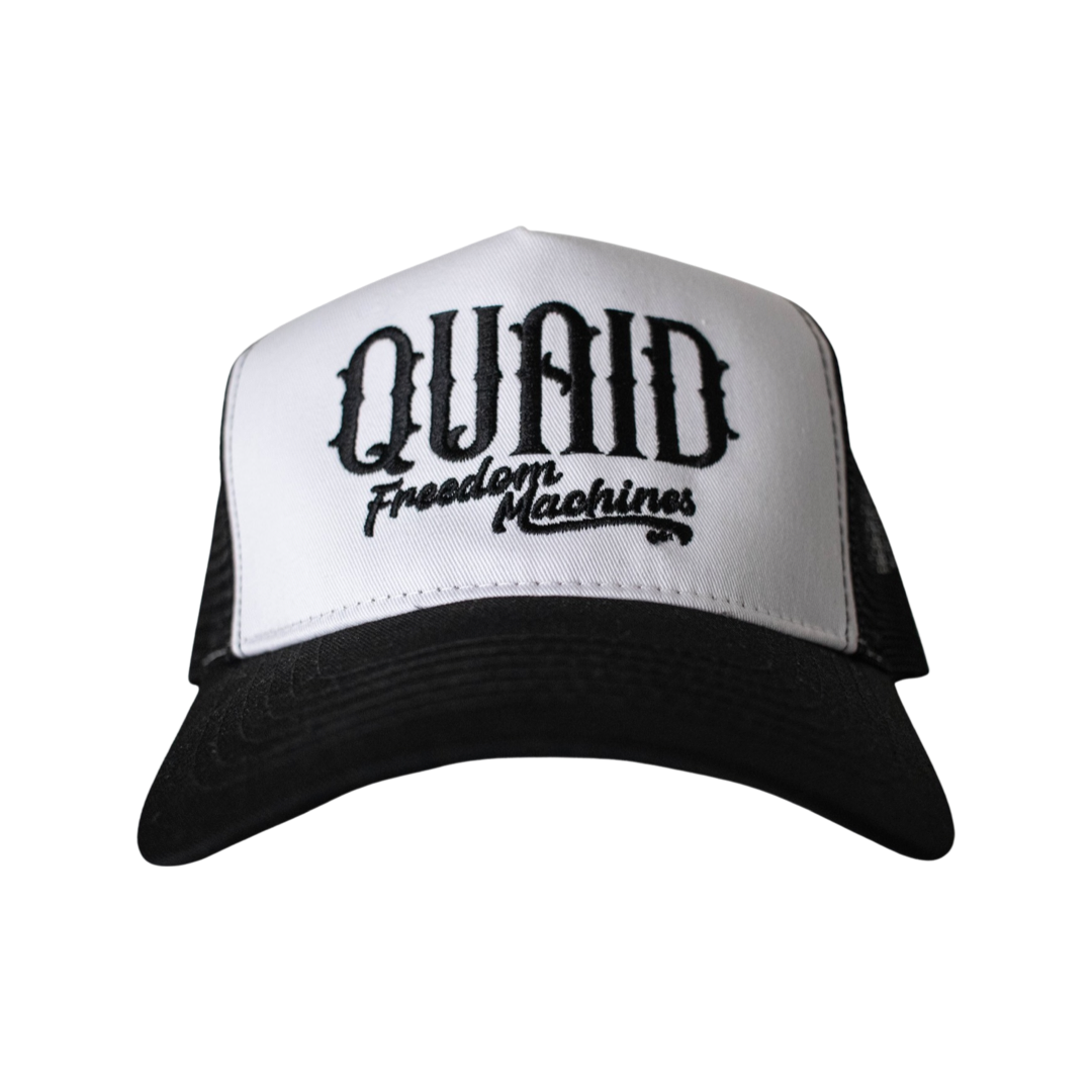 unisex Black mesh trucker snapback hat with white front. Embroidered with Quaid Freedom Machines in black stitching