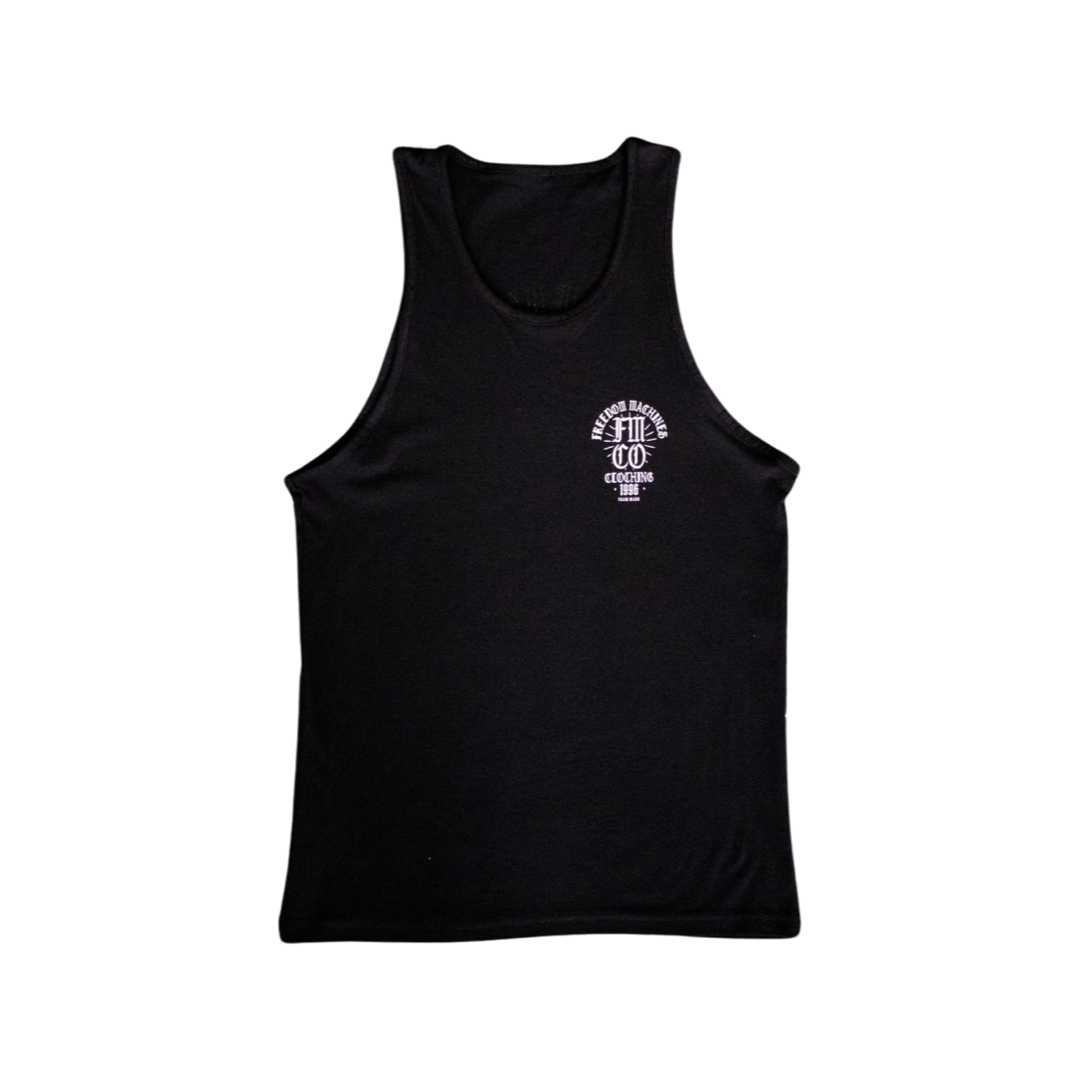 Men's lightweight black tank top with white script in font fmco clothing 1996 small logo on front left