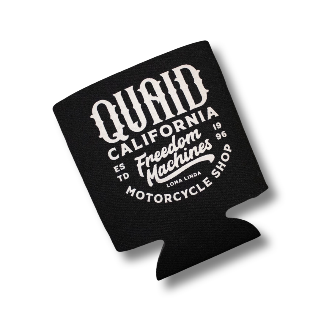 Foam koozie with Quaid California Freedom Machines motorcycle shop printed in white on front and back