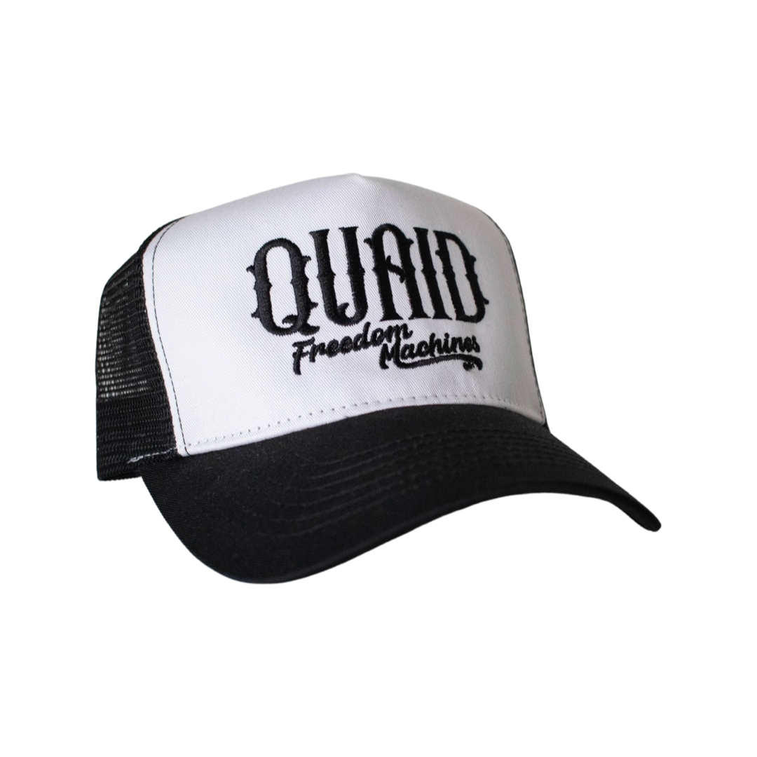 unisex Black mesh trucker snapback hat with white front. Embroidered with Quaid Freedom Machines in black stitching