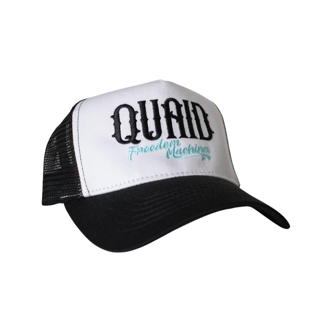 Black mesh trucker snapback hat with white front. Embroidered with Quaid Freedom Machines in black and tiffany blue