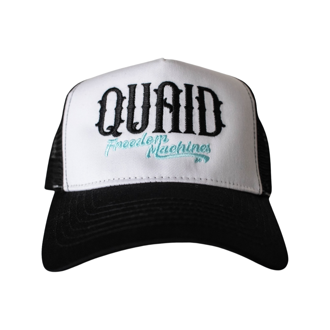 Black mesh trucker snapback hat with white front. Embroidered with Quaid Freedom Machines in black and tiffany blue